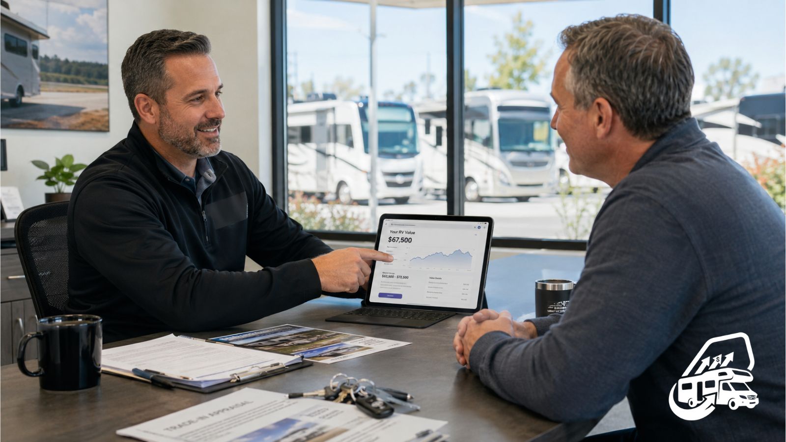 RV dealer appraiser giving a customer a fast trade-in valuation at the sales desk