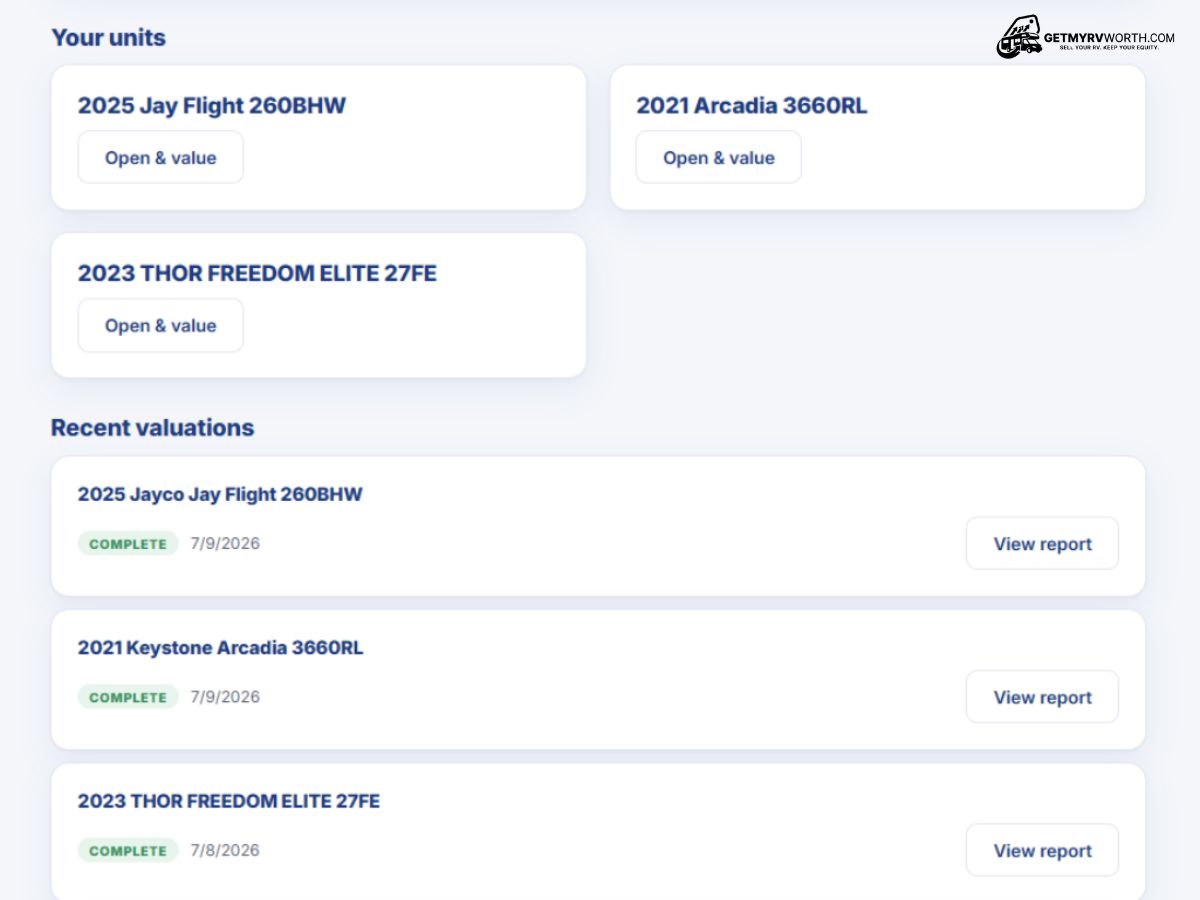 Dealer dashboard listing every RV unit and saved valuation report with fuzzy search